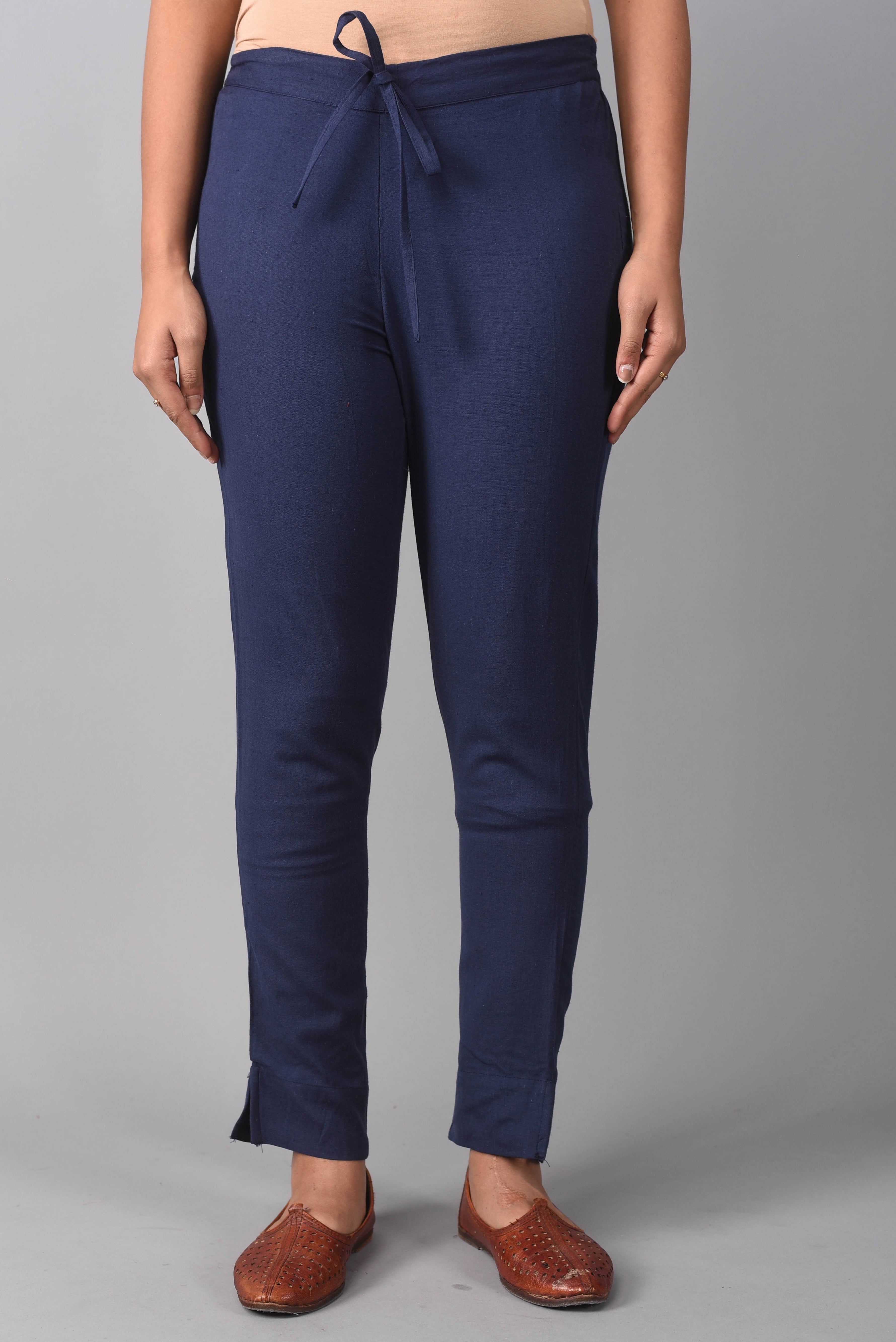 Buy Navy Blue Solid Cotton Trousers Online at Rs.628 | Libas